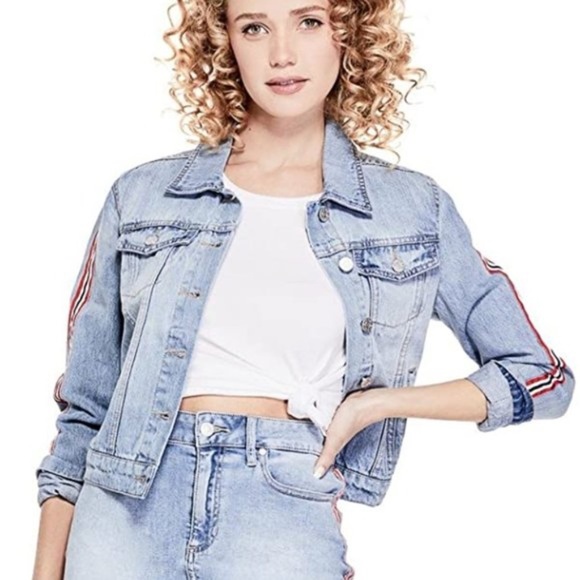 NEW GUESS Hayley Racer-Stripe Denim Jacket SZ S - Picture 3 of 11